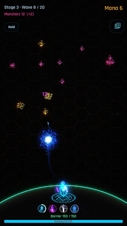 Combat on a hexagonal dark field: amber and rose geometric monsters advance on a cyan crystal turret behind a curved barrier, with wave, monster and mana counters along the top and four skill icons under the crystal.