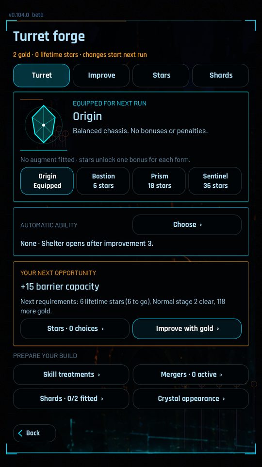 The Turret forge: a faceted cyan crystal on a ring, with the equipped form, upgrade ranks and shard sockets listed below it.