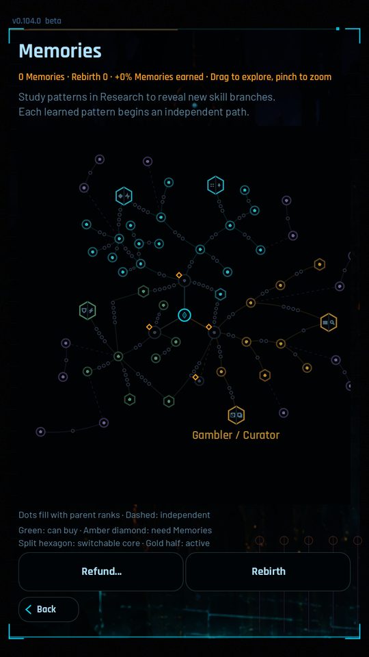 The Memories map: hexagonal upgrade nodes joined by cyan and violet lines radiating from a central node, with a detail panel and a Rebirth button below.