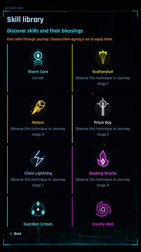 The Skill library: a grid of glowing skill emblems, each either earned or showing which Journey stage teaches it.